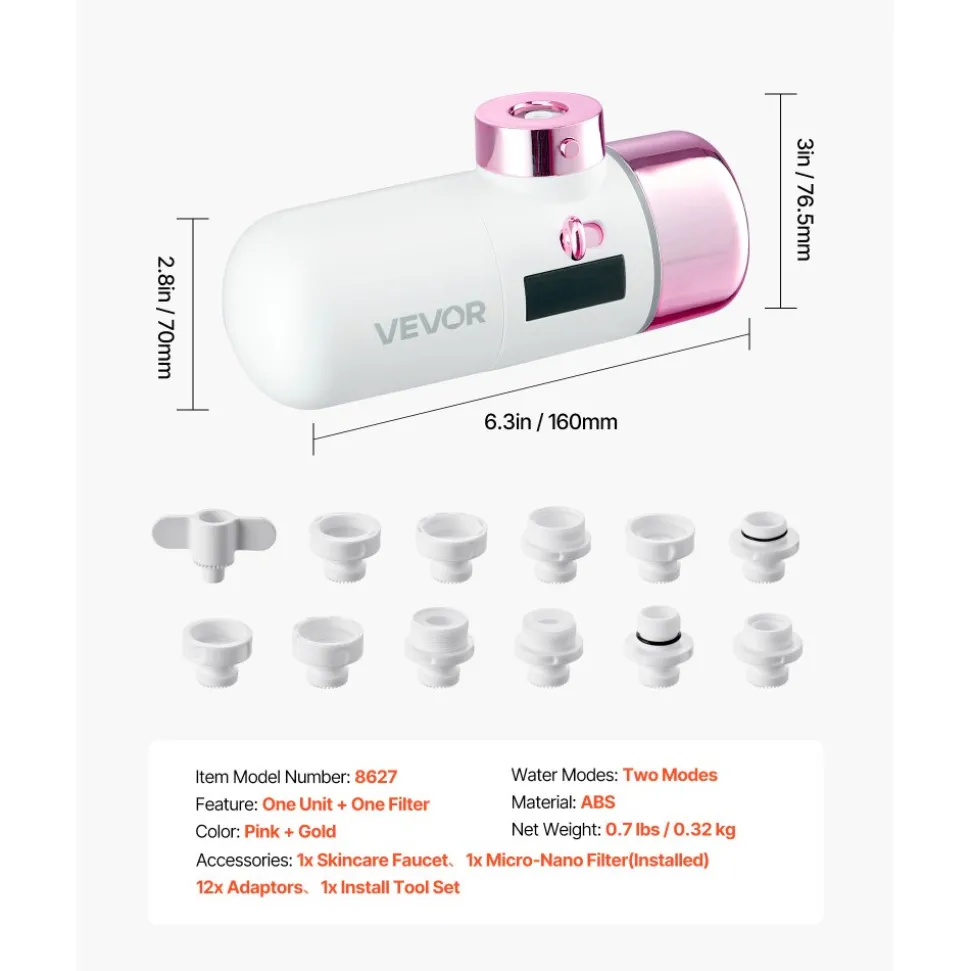 VEVOR Skincare Water Filter, Faucet Mount Water Filters with Micro-nano Bubble for Skin, Sink Tap Purifier, Removes Chlorine with 1 Filter, for Kitchen and Bathroom Faucets, Pink + Gold