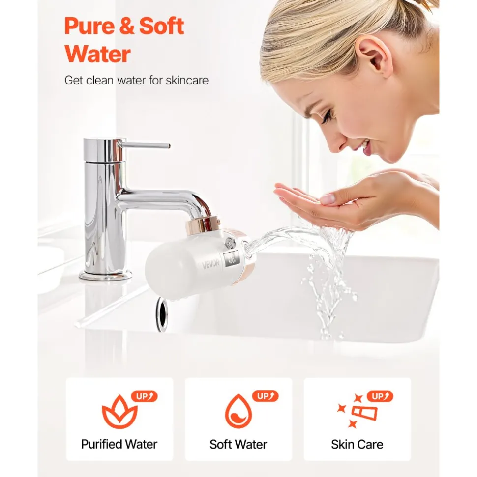 VEVOR Skincare Water Filter, Faucet Mount Water Filters with Micro-nano Bubble for Skin, Sink Tap Purifier, Removes Chlorine with 1 Filter, for Kitchen and Bathroom Faucets, White + Gold