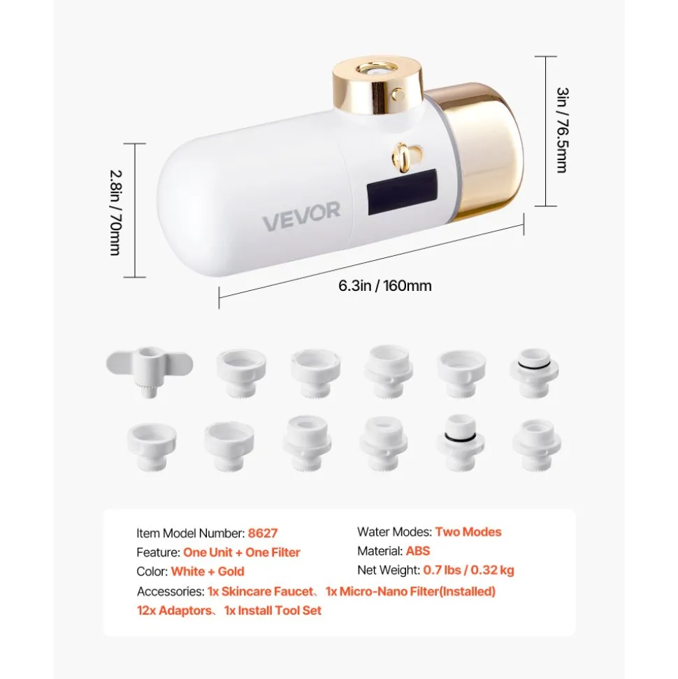 VEVOR Skincare Water Filter, Faucet Mount Water Filters with Micro-nano Bubble for Skin, Sink Tap Purifier, Removes Chlorine with 1 Filter, for Kitchen and Bathroom Faucets, White + Gold
