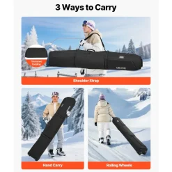 VEVOR Ski Roller Bag, Up to 74.8 in/190 cm, Padded Snowboard Bag with Wheels for Air Travel, 600D Waterproof Oxford Fabric, with Adjustable Straps, for Skis Poles Goggles Gloves Helmet Boots (Black)