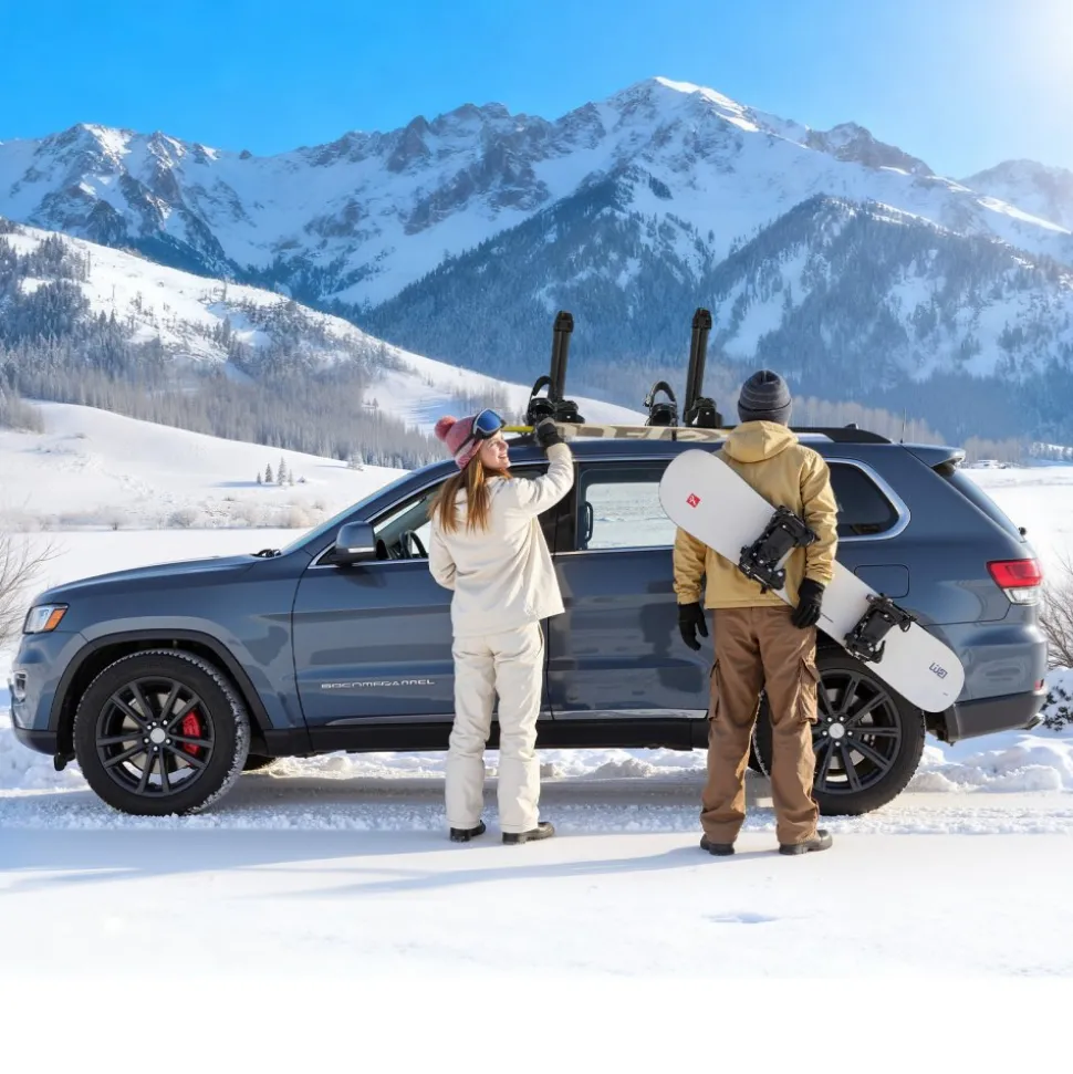 VEVOR Ski & Snowboard Roof Rack, Carry up to 4 Pairs of Skis or 2 Snowboards, 2 PCS Aluminum Universal Car Roof Rack Top Holder with Lock & Rubber Padding, Carrier for Fishing Rod, Fit Most Crossbars