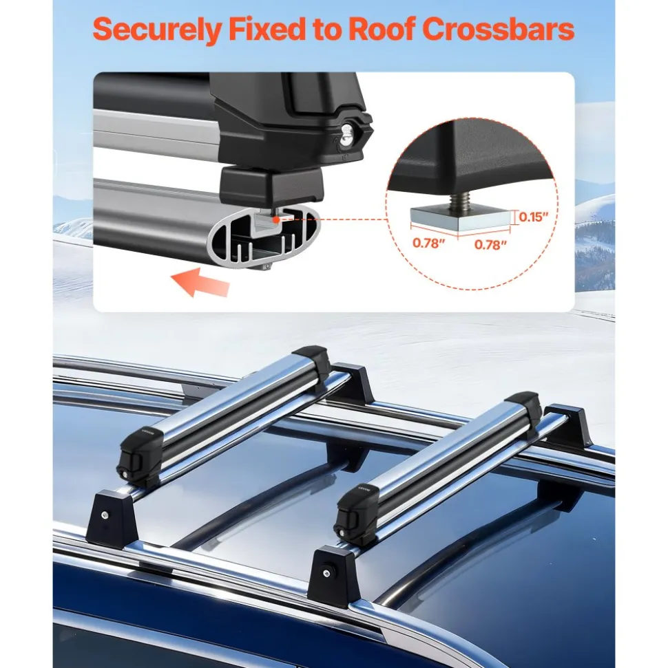 VEVOR Ski & Snowboard Roof Rack, Carry up to 6 Pairs of Skis or 4 Snowboards, 2 PCS Aluminum Universal Car Roof Rack with Lock & Rubber Padding, Carrier for Fishing Rod, Fit Most Slotted Crossbars