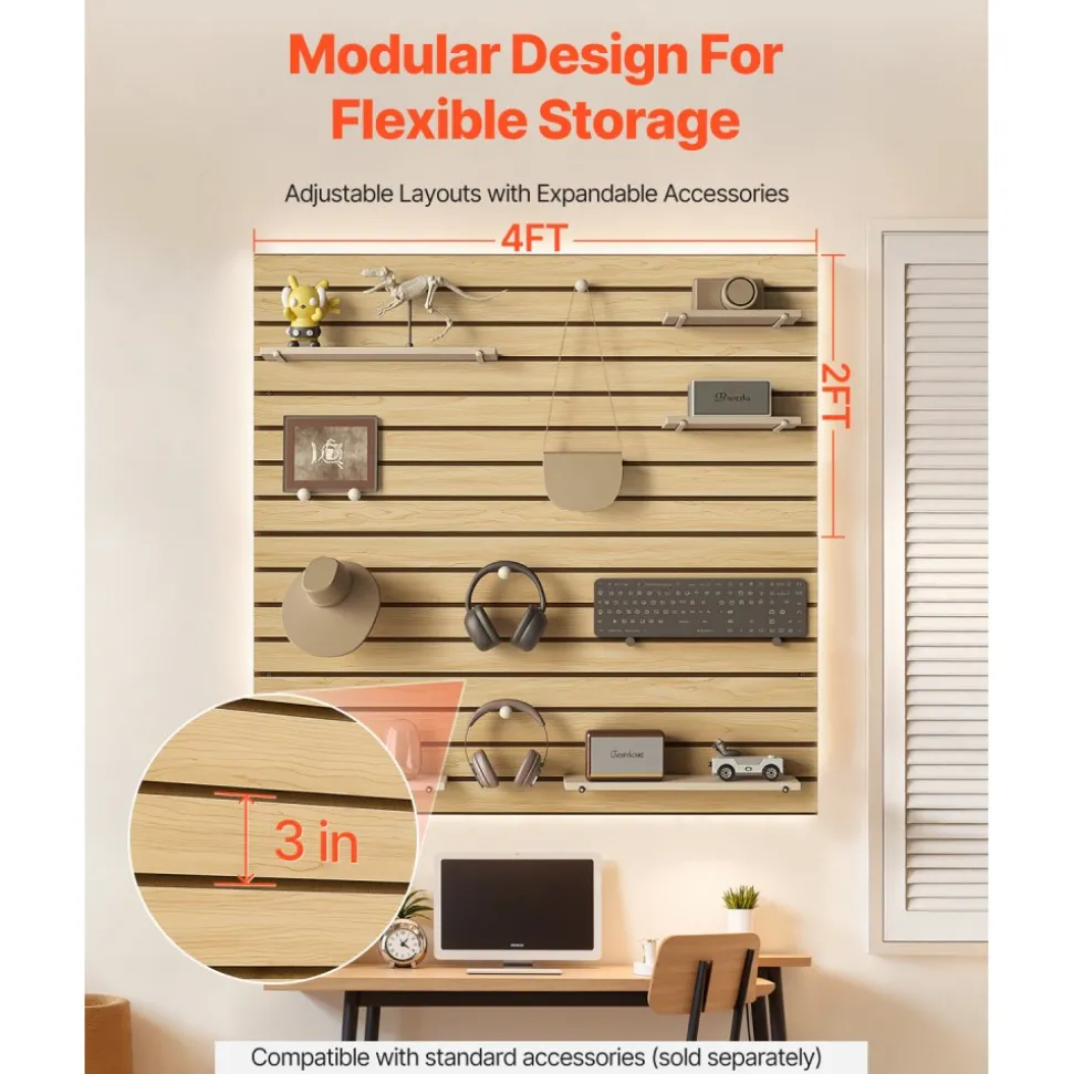 VEVOR Slat Wall Paneling, 4 x 4ft, MDF Garage Slatwall with Modular Design, Natural Slat Wall Easy-to-Install Adjustable Slatwall Panel with Coupling Structure & DIY Cutting, Fit for Storage & Display