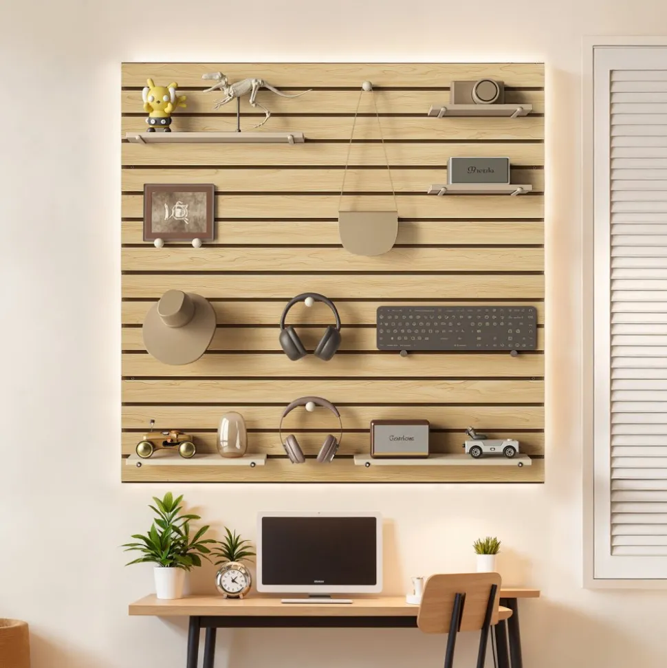 VEVOR Slat Wall Paneling, 4 x 4ft, MDF Garage Slatwall with Modular Design, Natural Slat Wall Easy-to-Install Adjustable Slatwall Panel with Coupling Structure & DIY Cutting, Fit for Storage & Display