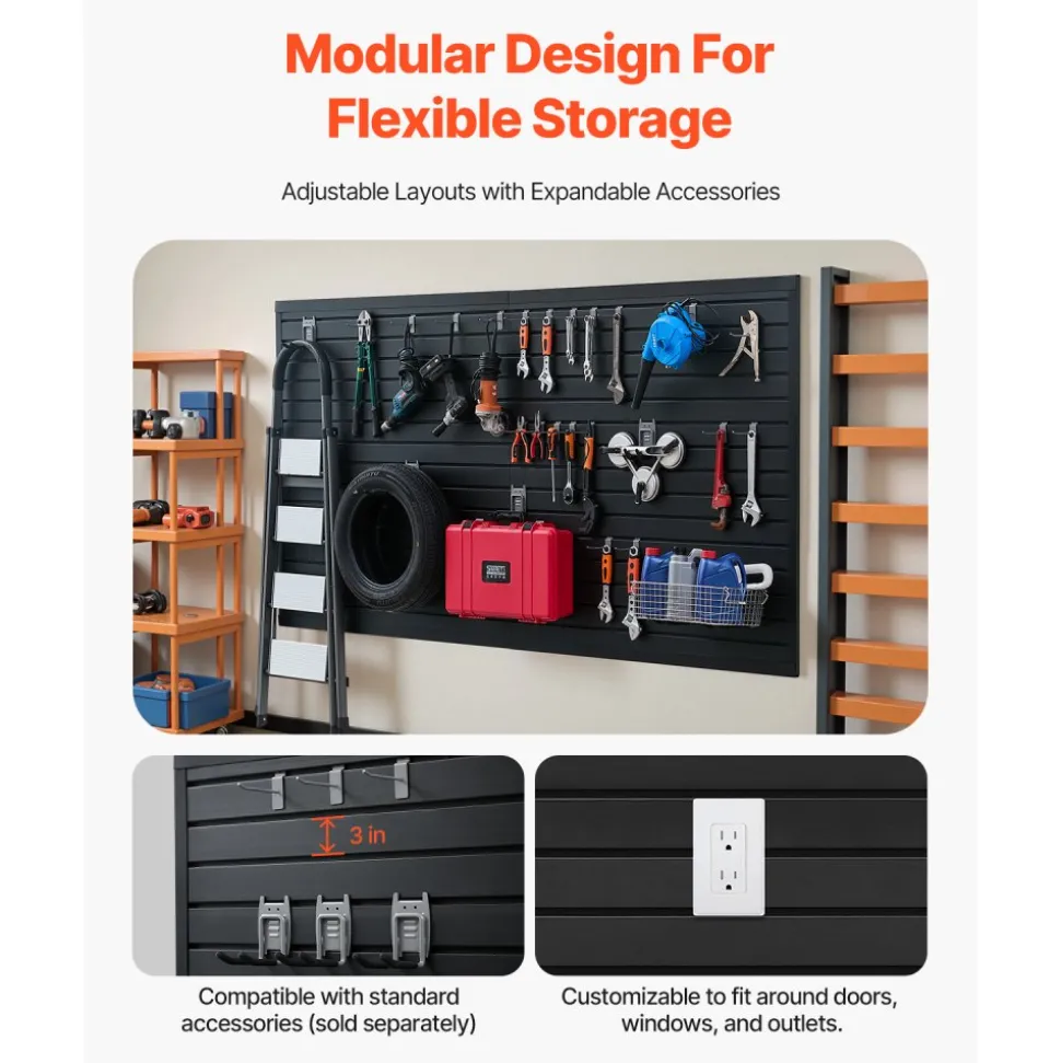 VEVOR Slat Wall Paneling, 8 x 4 ft, PVC Garage Slatwall with Modular Design, Black Slat Wall Easy-to-Install Adjustable Slatwall Panel with Coupling Structure & DIY Cutting, Fits for Storage & Display
