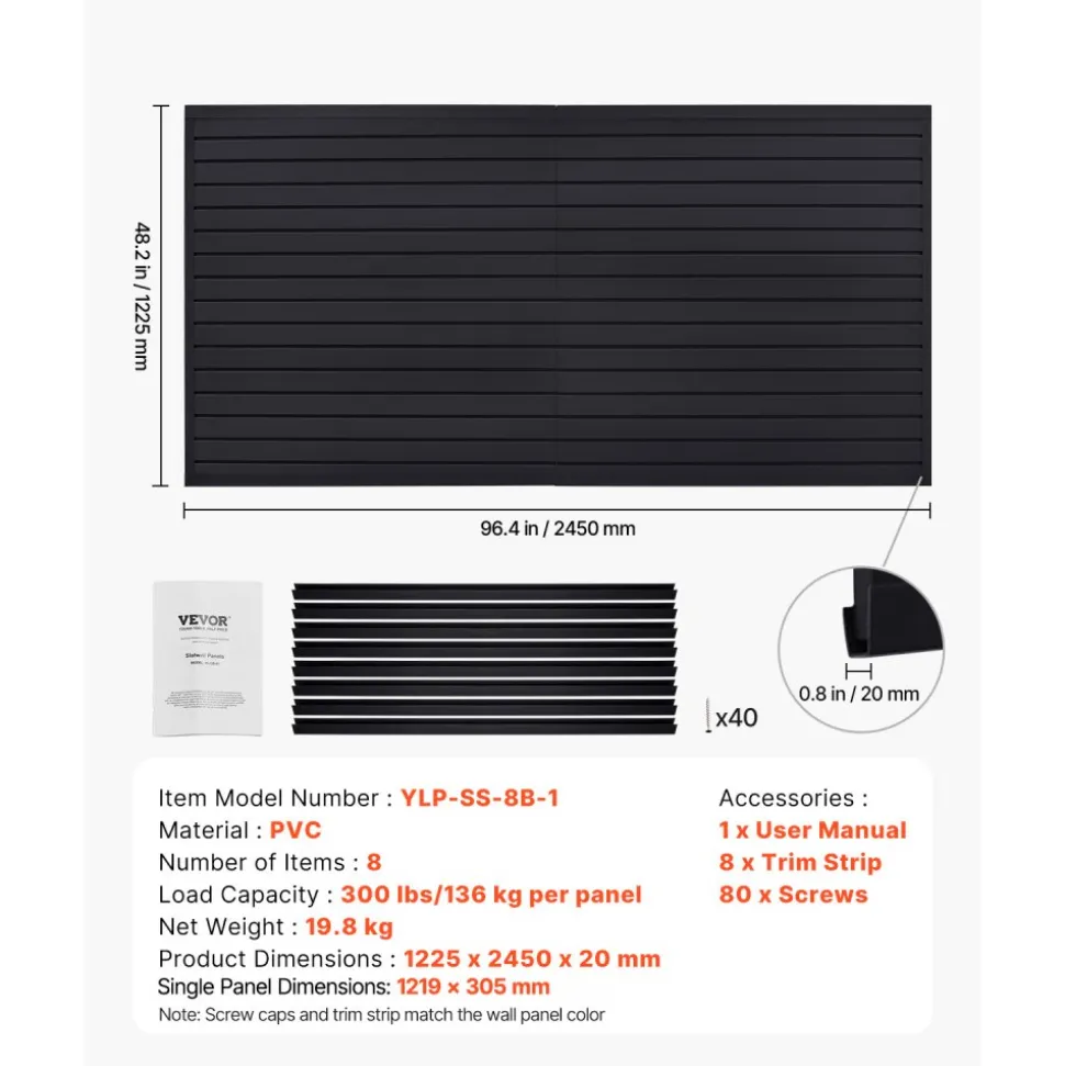 VEVOR Slat Wall Paneling, 8 x 4 ft, PVC Garage Slatwall with Modular Design, Black Slat Wall Easy-to-Install Adjustable Slatwall Panel with Coupling Structure & DIY Cutting, Fits for Storage & Display