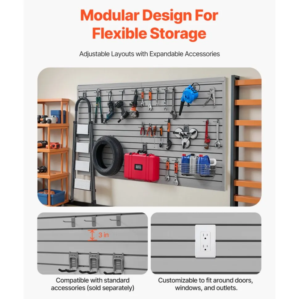 VEVOR Slat Wall Paneling, 8 x 4 ft, PVC Garage Slatwall with Modular Design, Grey Slat Wall Easy-to-Install Adjustable Slatwall Panel with Coupling Structure & DIY Cutting, Fits for Storage & Display