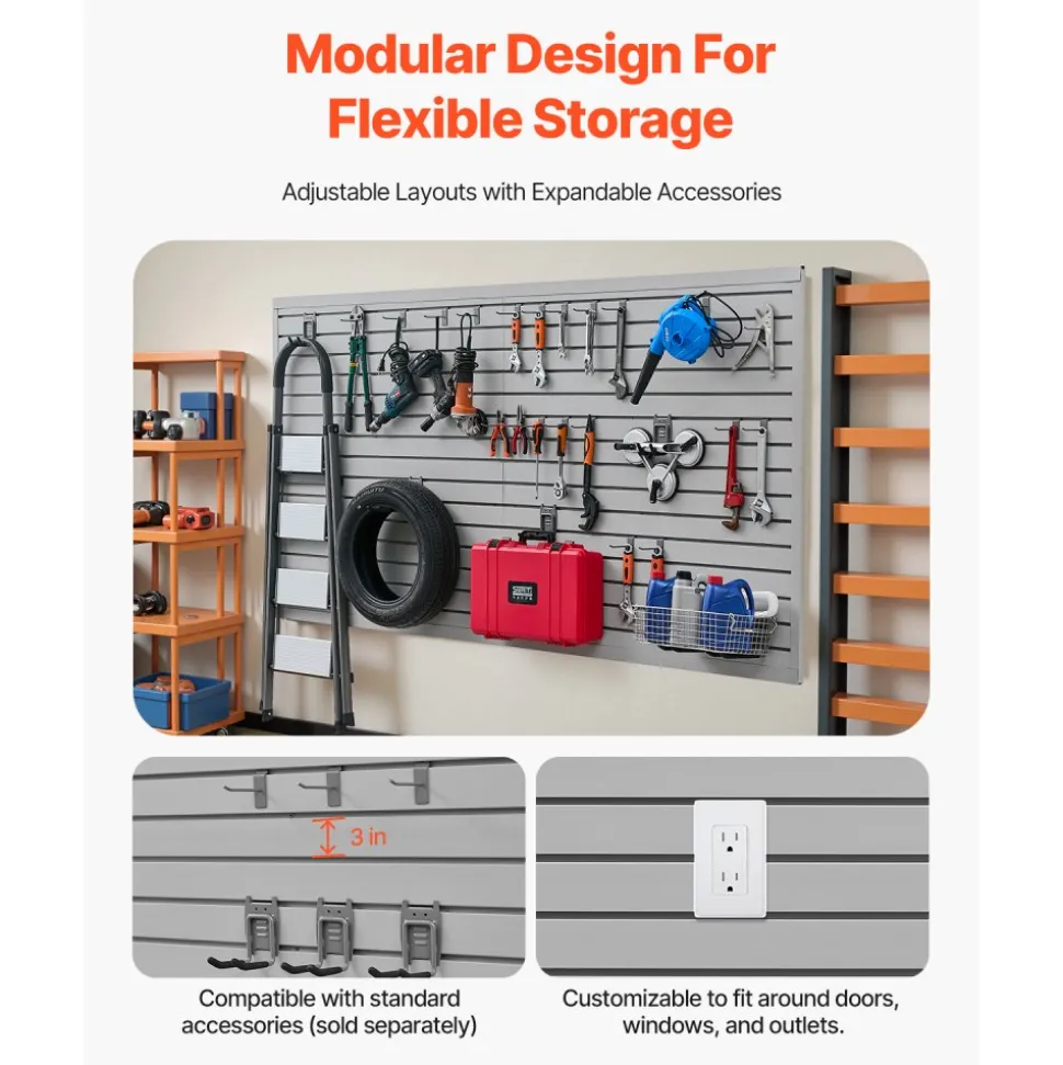 VEVOR Slat Wall Paneling, 8 x 4 ft, PVC Garage Slatwall with Accessories, Grey Slat Wall Easy-to-Install Adjustable Slatwall Panel with Coupling Structure & DIY Cutting, Fits for Storage & Display