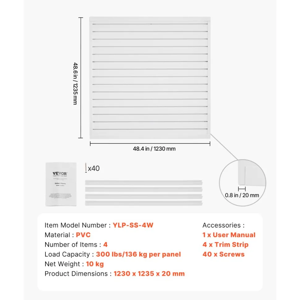 VEVOR Slat Wall Paneling, 4 x 4 ft, PVC Garage Slatwall with Modular Design, White Slat Wall Easy-to-Install Adjustable Slatwall Panel with Coupling Structure & DIY Cutting, Fits for Storage & Display