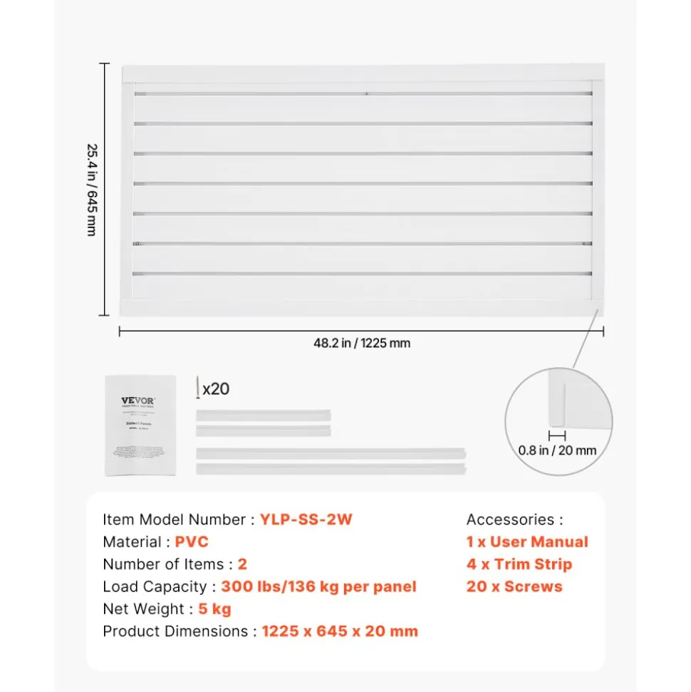 VEVOR Slat Wall Paneling, 2 x 4 ft, PVC Garage Slatwall with Modular Design, White Slat Wall Easy-to-Install Adjustable Slatwall Panel with Coupling Structure & DIY Cutting, Fits for Storage & Display