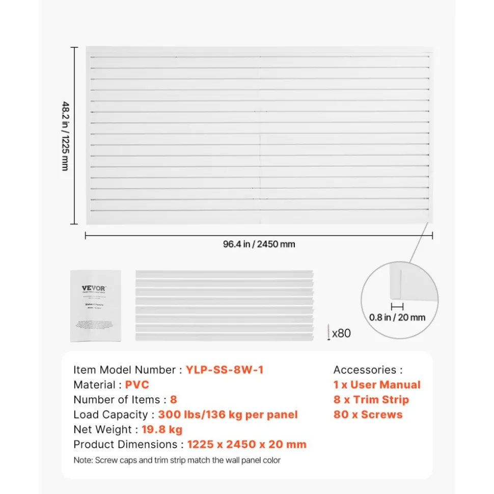 VEVOR Slat Wall Paneling, 8 x 4 ft, PVC Garage Slatwall with Modular Design, White Slat Wall Easy-to-Install Adjustable Slatwall Panel with Coupling Structure & DIY Cutting, Fits for Storage & Display