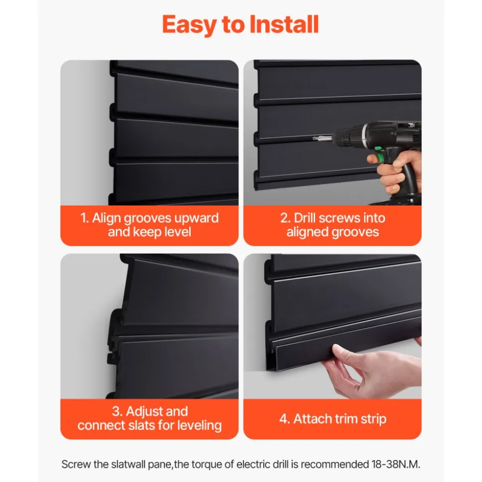 VEVOR Slat Wall Paneling, 4 x 4 ft, PVC Garage Slatwall with Modular Design, Black Slat Wall Easy-to-Install Adjustable Slatwall Panel with Coupling Structure & DIY Cutting, Fits for Storage & Display