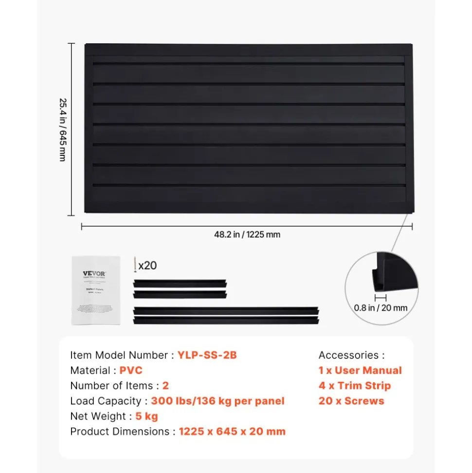 VEVOR Slat Wall Paneling, 2 x 4 ft, PVC Garage Slatwall with Modular Design, Black Slat Wall Easy-to-Install Adjustable Slatwall Panel with Coupling Structure & DIY Cutting, Fits for Storage & Display