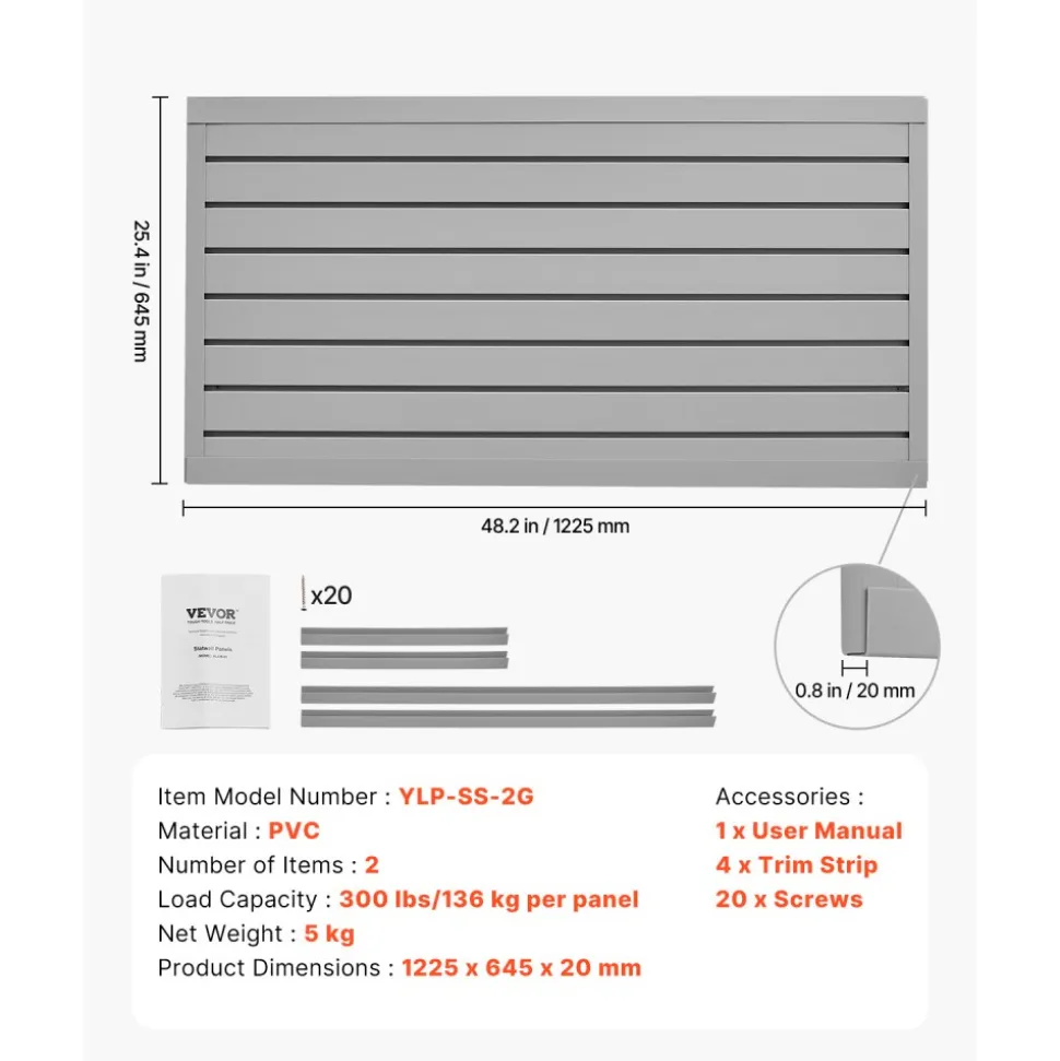 VEVOR Slat Wall Paneling, 2 x 4 ft, PVC Garage Slatwall with Modular Design, Grey Slat Wall Easy-to-Install Adjustable Slatwall Panel with Coupling Structure & DIY Cutting, Fits for Storage & Display