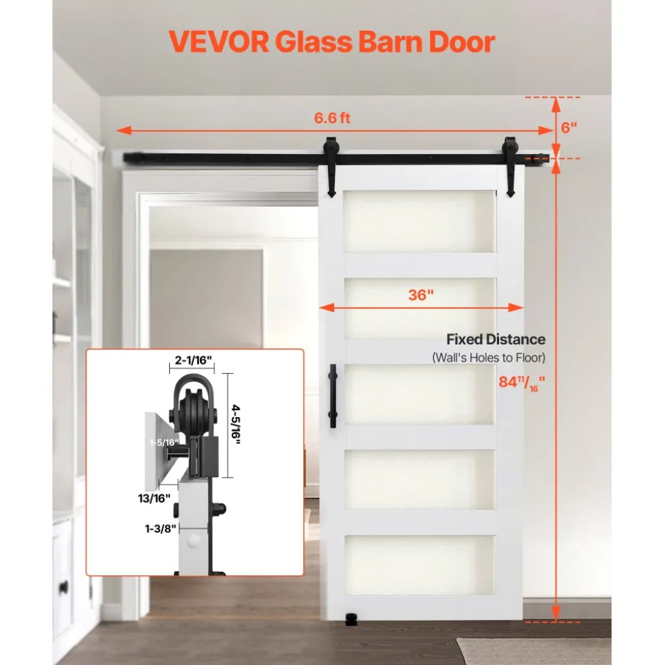 VEVOR Sliding Barn Door, 36 x 84 inch, High-Strength MDF Panel and Glass, Barn Door with Hardware Kit, Water-Proof PVC Surface, Easy to Install, H-Frame, Smoothly and Quietly Sliding for Living Room