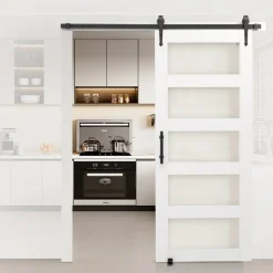 VEVOR Sliding Barn Door, 36 x 84 inch, High-Strength MDF Panel and Glass, Barn Door with Hardware Kit, Water-Proof PVC Surface, Easy to Install, H-Frame, Smoothly and Quietly Sliding for Living Room