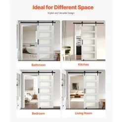 VEVOR Sliding Barn Door, 36 x 84 inch, High-Strength MDF Panel and Glass, Barn Door with Hardware Kit, Water-Proof PVC Surface, Easy to Install, H-Frame, Smoothly and Quietly Sliding for Living Room