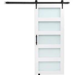 VEVOR Sliding Barn Door, 36 x 84 inch, High-Strength MDF Panel and Glass, Barn Door with Hardware Kit, Water-Proof PVC Surface, Easy to Install, H-Frame, Smoothly and Quietly Sliding for Living Room