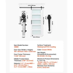 VEVOR Sliding Barn Door, 36 x 84 inch, High-Strength MDF Panel and Glass, Barn Door with Hardware Kit, Water-Proof PVC Surface, Easy to Install, H-Frame, Smoothly and Quietly Sliding for Living Room