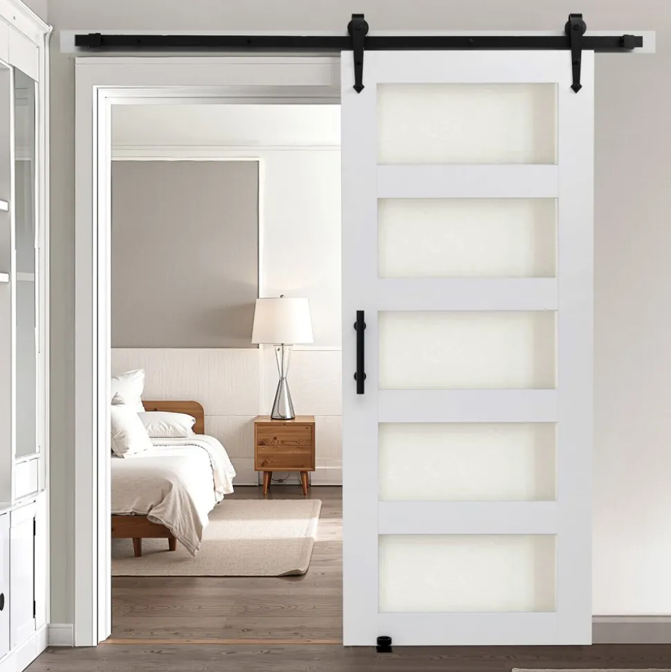 VEVOR Sliding Barn Door, 36 x 84 inch, High-Strength MDF Panel and Glass, Barn Door with Hardware Kit, Water-Proof PVC Surface, Easy to Install, H-Frame, Smoothly and Quietly Sliding for Living Room