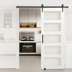 VEVOR Sliding Barn Door, 32 x 84 inch, High-Strength MDF Panel and Glass, Barn Door with Hardware Kit, Water-Proof PVC Surface, Easy to Install, H-Frame, Smoothly and Quietly Sliding for Living Room