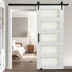 VEVOR Sliding Barn Door, 32 x 84 inch, High-Strength MDF Panel and Glass, Barn Door with Hardware Kit, Water-Proof PVC Surface, Easy to Install, H-Frame, Smoothly and Quietly Sliding for Living Room