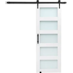 VEVOR Sliding Barn Door, 30 x 84 inch, High-Strength MDF Panel and Glass, Barn Door with Hardware Kit, Water-Proof PVC Surface, Easy to Install, H-Frame, Smoothly and Quietly Sliding for Living Room