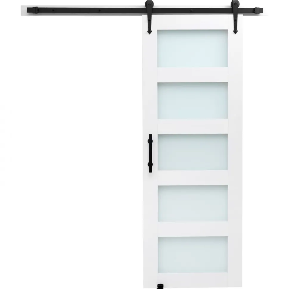 VEVOR Sliding Barn Door, 30 x 84 inch, High-Strength MDF Panel and Glass, Barn Door with Hardware Kit, Water-Proof PVC Surface, Easy to Install, H-Frame, Smoothly and Quietly Sliding for Living Room