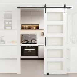 VEVOR Sliding Barn Door, 30 x 84 inch, High-Strength MDF Panel and Glass, Barn Door with Hardware Kit, Water-Proof PVC Surface, Easy to Install, H-Frame, Smoothly and Quietly Sliding for Living Room