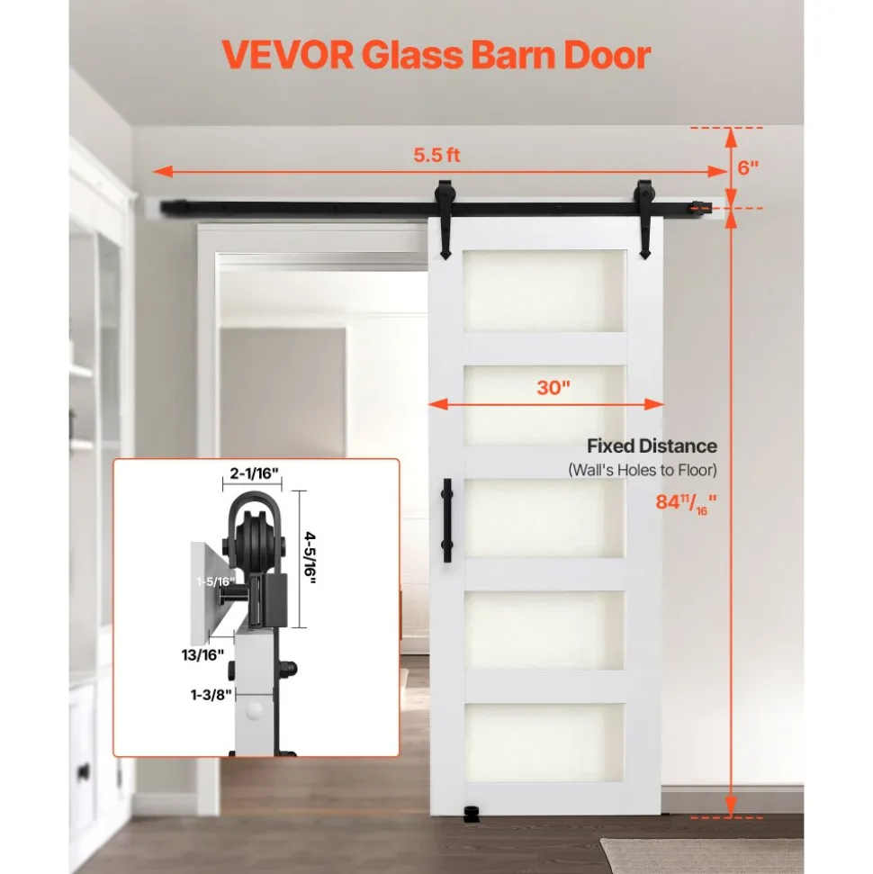 VEVOR Sliding Barn Door, 30 x 84 inch, High-Strength MDF Panel and Glass, Barn Door with Hardware Kit, Water-Proof PVC Surface, Easy to Install, H-Frame, Smoothly and Quietly Sliding for Living Room