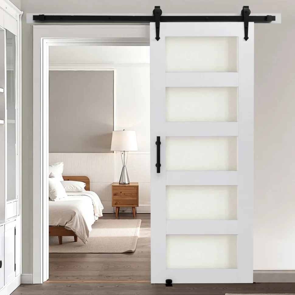 VEVOR Sliding Barn Door, 30 x 84 inch, High-Strength MDF Panel and Glass, Barn Door with Hardware Kit, Water-Proof PVC Surface, Easy to Install, H-Frame, Smoothly and Quietly Sliding for Living Room