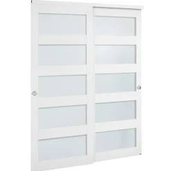 VEVOR Sliding Closet Door, 60" (Double 31") x 80", 5-Lite Frosted Glass Bypass Sliding Doors with Hardware Kit & Floor Guide, Solid Wood & MDF Slab with Water-Proof PVC Surface for Closets Bedrooms