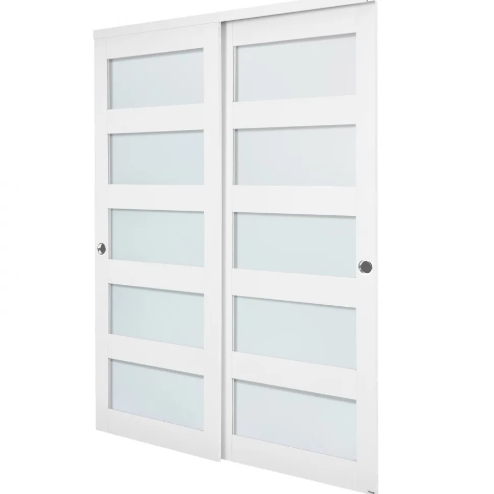 VEVOR Sliding Closet Door, 60" (Double 31") x 80", 5-Lite Frosted Glass Bypass Sliding Doors with Hardware Kit & Floor Guide, Solid Wood & MDF Slab with Water-Proof PVC Surface for Closets Bedrooms