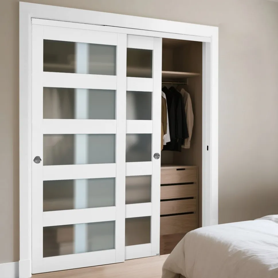 VEVOR Sliding Closet Door, 60" (Double 31") x 80", 5-Lite Frosted Glass Bypass Sliding Doors with Hardware Kit & Floor Guide, Solid Wood & MDF Slab with Water-Proof PVC Surface for Closets Bedrooms