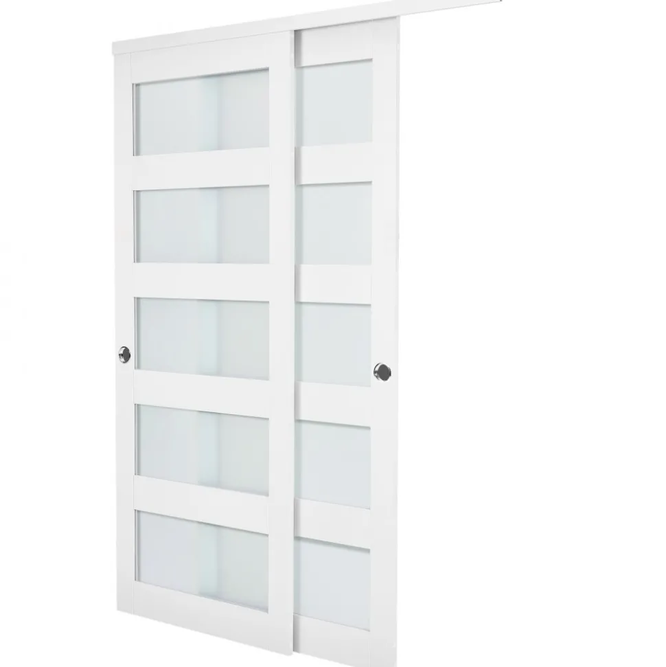 VEVOR Sliding Closet Door, 60" (Double 31") x 80", 5-Lite Frosted Glass Bypass Sliding Doors with Hardware Kit & Floor Guide, Solid Wood & MDF Slab with Water-Proof PVC Surface for Closets Bedrooms