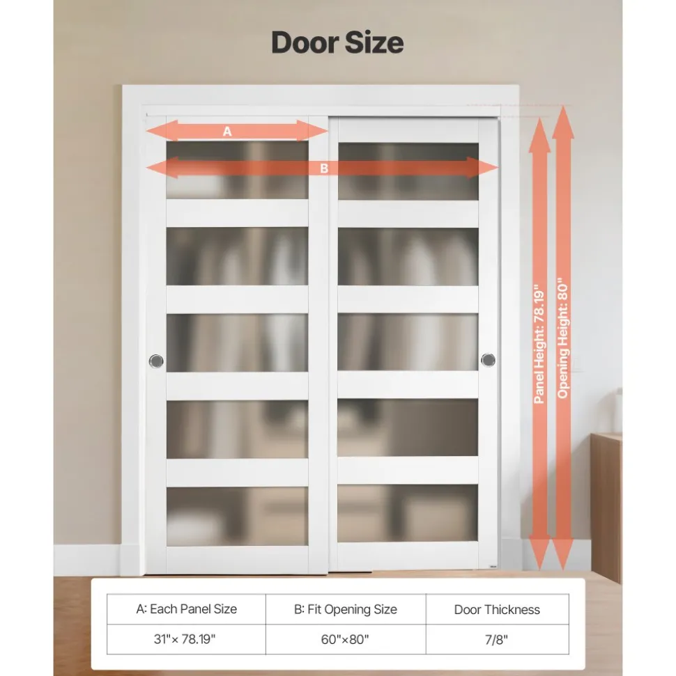 VEVOR Sliding Closet Door, 60" (Double 31") x 80", 5-Lite Frosted Glass Bypass Sliding Doors with Hardware Kit & Floor Guide, Solid Wood & MDF Slab with Water-Proof PVC Surface for Closets Bedrooms