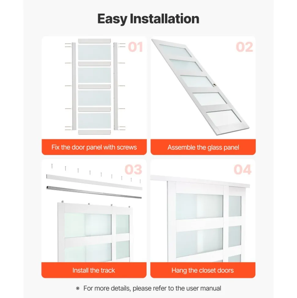 VEVOR Sliding Closet Door, 60" (Double 31") x 80", 5-Lite Frosted Glass Bypass Sliding Doors with Hardware Kit & Floor Guide, Solid Wood & MDF Slab with Water-Proof PVC Surface for Closets Bedrooms