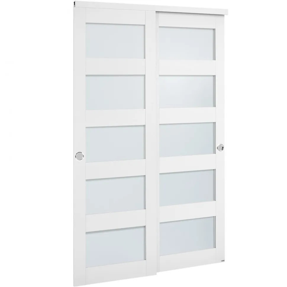 VEVOR Sliding Closet Door, 48" (Double 25") x 80", 5-Lite Frosted Glass Bypass Sliding Doors with Hardware Kit & Floor Guide, Solid Wood & MDF Slab with Waterproof PVC Surface for Closets Bedrooms