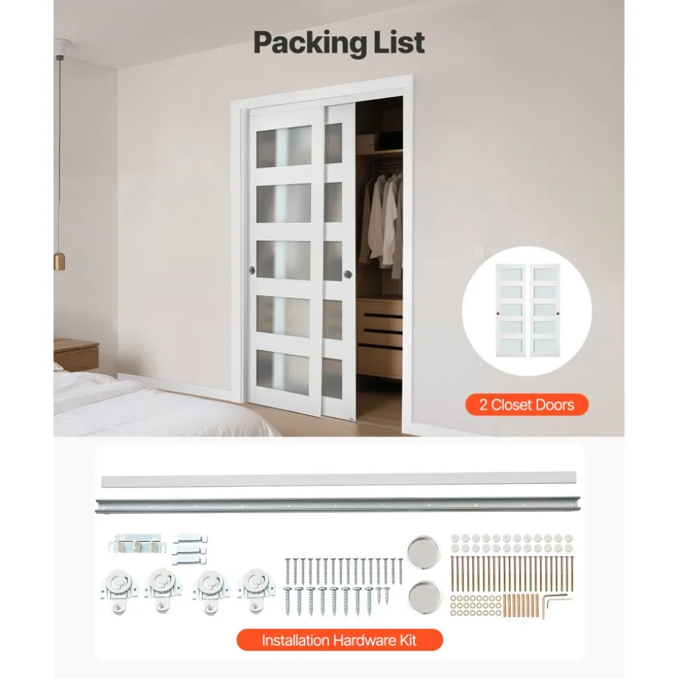 VEVOR Sliding Closet Door, 48" (Double 25") x 80", 5-Lite Frosted Glass Bypass Sliding Doors with Hardware Kit & Floor Guide, Solid Wood & MDF Slab with Waterproof PVC Surface for Closets Bedrooms