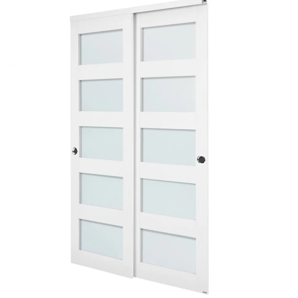 VEVOR Sliding Closet Door, 48" (Double 25") x 80", 5-Lite Frosted Glass Bypass Sliding Doors with Hardware Kit & Floor Guide, Solid Wood & MDF Slab with Waterproof PVC Surface for Closets Bedrooms