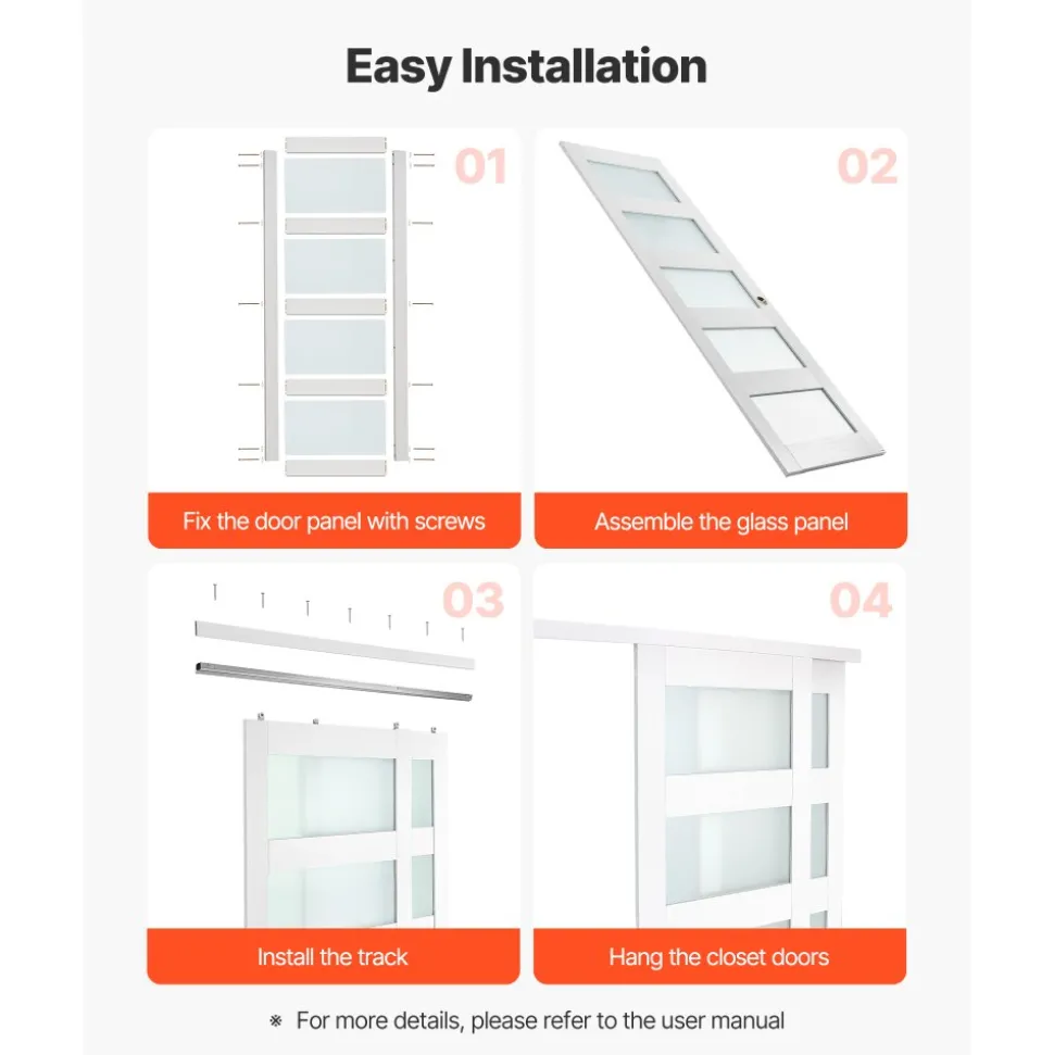 VEVOR Sliding Closet Door, 48" (Double 25") x 80", 5-Lite Frosted Glass Bypass Sliding Doors with Hardware Kit & Floor Guide, Solid Wood & MDF Slab with Waterproof PVC Surface for Closets Bedrooms