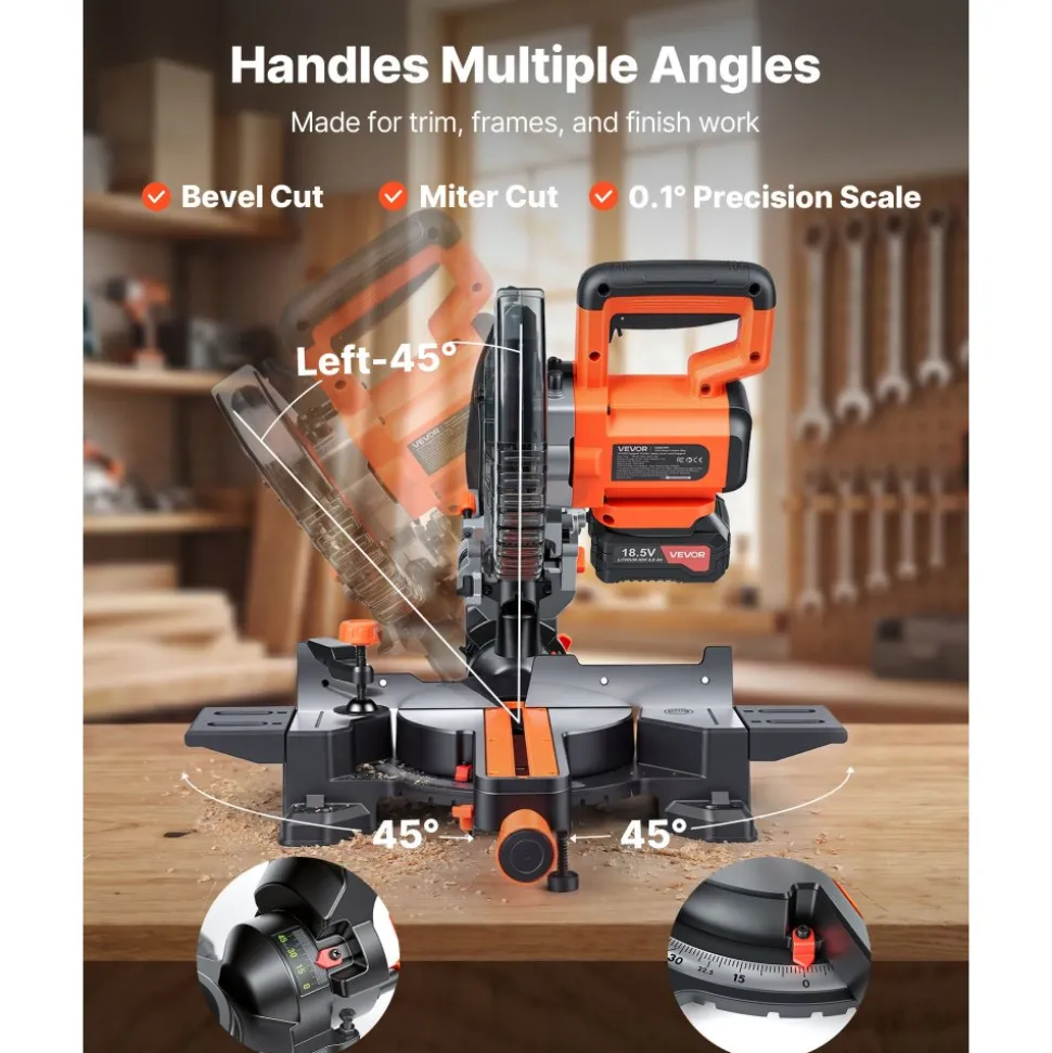 VEVOR Sliding Compound Miter Saw, 7-1/4 inch Blade, DC 18.5V Cordless Miter Saw, with LED Precision Alignment, Adjustable Angles, Battery and Charger Included, for Cutting Wood, Metals, Laminates
