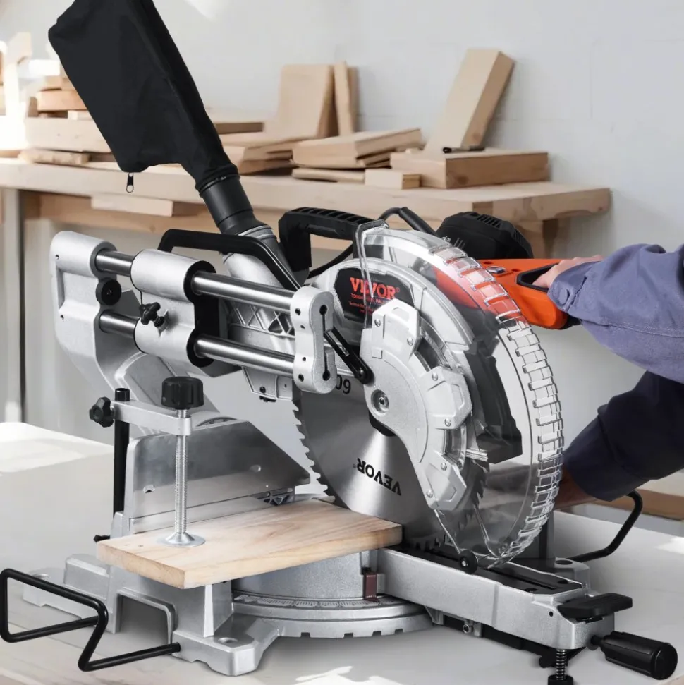VEVOR Sliding Compound Miter Saw, 10-Inch Blade, 15 Amp Motor, 60-Tooth, Corded Double Bevel Sliding Miter Saw, LED Precision Alignment, Angle Adjustable, for Wood, Composite Decking, Laminates