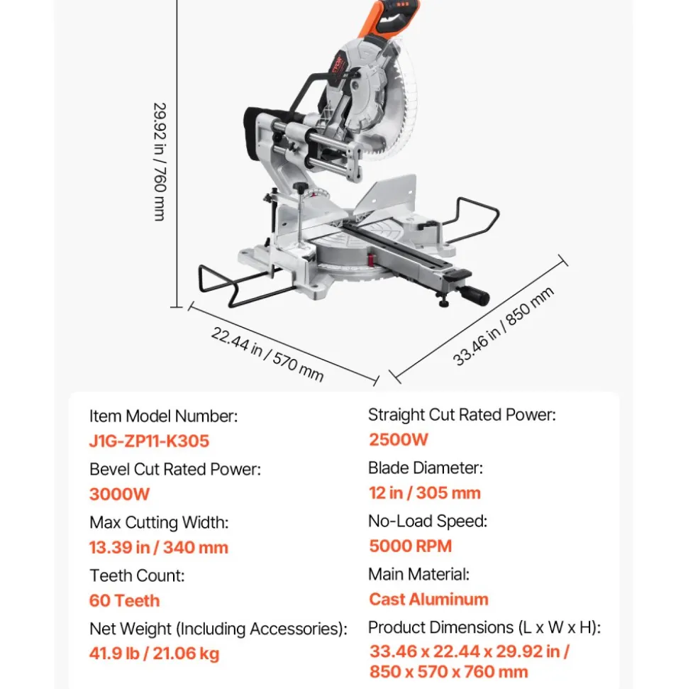 VEVOR Sliding Compound Miter Saw, 10-Inch Blade, 15 Amp Motor, 60-Tooth, Corded Double Bevel Sliding Miter Saw, LED Precision Alignment, Angle Adjustable, for Wood, Composite Decking, Laminates