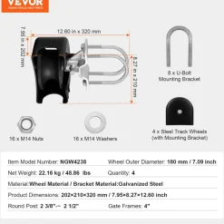 VEVOR Sliding Gate Kit, Rolling Gate Hardware Kit w/ U-Shaped Wheel Groove for Cantilever Sliding Gates and Rolling Door, Sliding Gate Rollers 4 Track Wheels w/ Cover, Heavy Duty Sliding Roller,Black