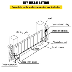 VEVOR Sliding Gate Opener, AC1400 3100LBS, with 2 Remote Controls, Gate Operator Hardware Kit for Security, Move Speed 43ft Per Min, Electric Rolling Driveway Slide Gate Motor