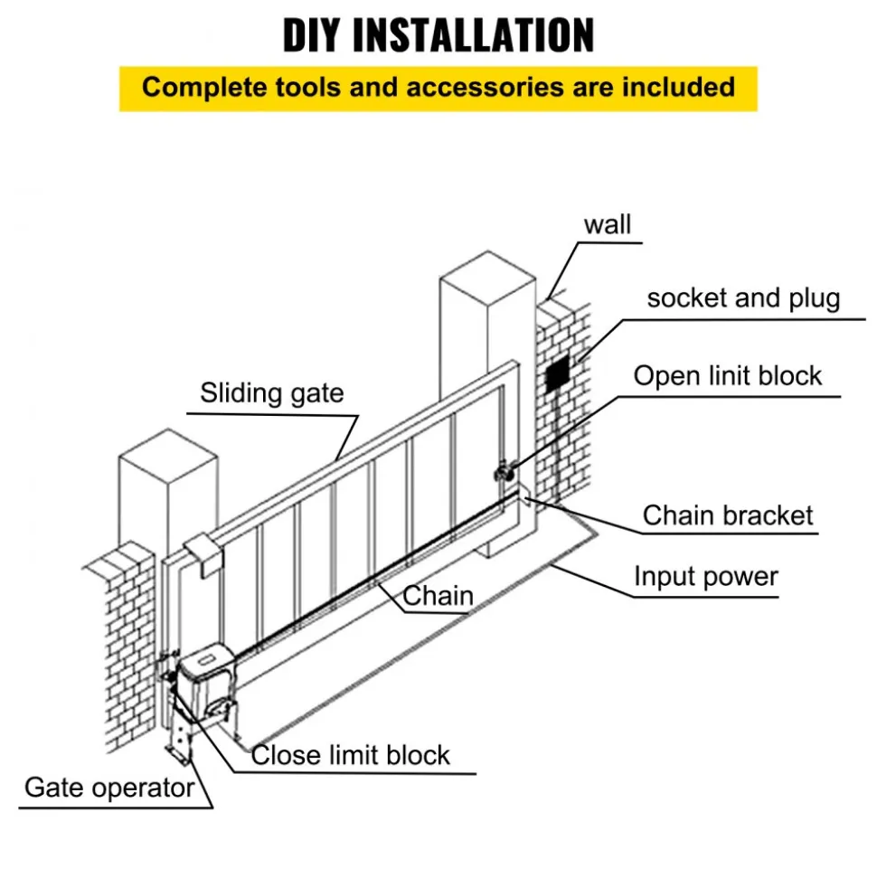 VEVOR Sliding Gate Opener, AC1400 3100LBS, with 2 Remote Controls, Gate Operator Hardware Kit for Security, Move Speed 43ft Per Min, Electric Rolling Driveway Slide Gate Motor