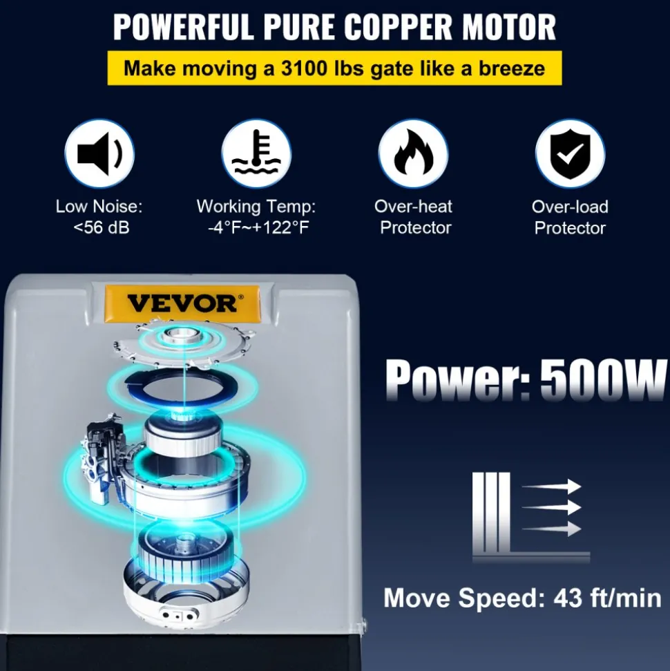 VEVOR Sliding Gate Opener, AC1400 3100LBS, with 2 Remote Controls, Gate Operator Hardware Kit for Security, Move Speed 43ft Per Min, Electric Rolling Driveway Slide Gate Motor