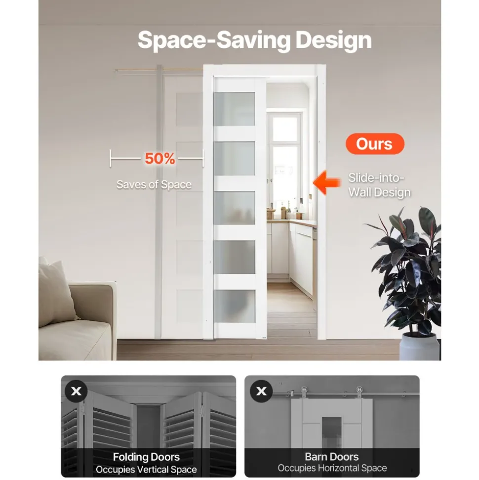 VEVOR Sliding Pocket Door, 30" x 80", 5-Lite Frosted Glass Single Sliding Door with Hardware Kit, Sturdy Solid Wood & MDF Pocket Doors Slab with Waterproof Surface for Bedroom Kitchen Study Room