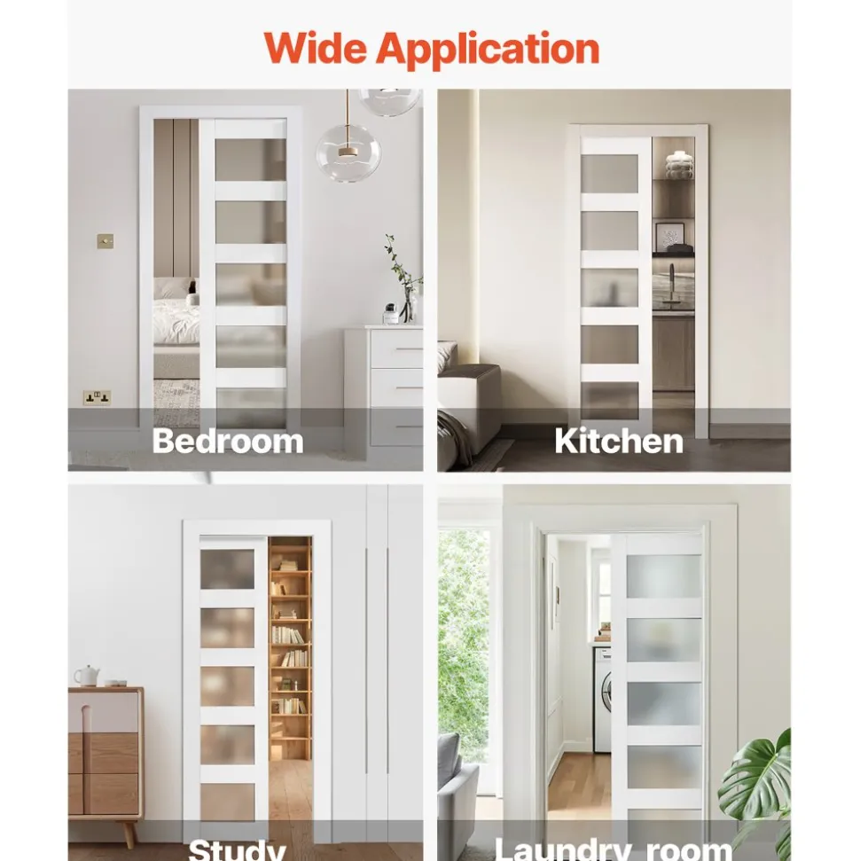 VEVOR Sliding Pocket Door, 30" x 80", 5-Lite Frosted Glass Single Sliding Door with Hardware Kit, Sturdy Solid Wood & MDF Pocket Doors Slab with Waterproof Surface for Bedroom Kitchen Study Room